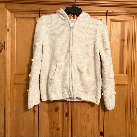 Hanna Andersson White Hooded Cardigan Sweater Zip Up Pom Poms Size 140 US 10 - Picture 2 of 9